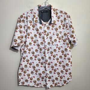 RF Brand skull in a bucket hat print button front short sleeve shirt mens size L